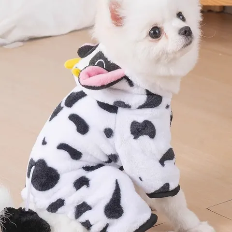 Cute Pet Cow Costume Thick Warm Dog Clothes For Small Dogs Cats Puppy Soft Coral Velvet Hooded Jumpsuit Autumn Winter Pet Outfit