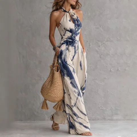Women Halter Neck Backless Sleeveless Digital Print Wide Leg Jumpsuit Summer Casual Bohemian Holiday Beach Outfits Long Romper