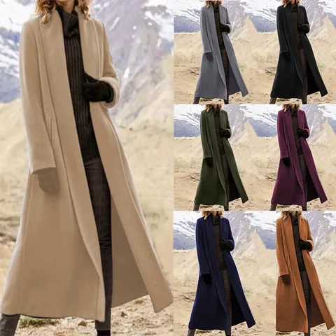 Women Casual Super Long Polyester Coat Plus Size Open Front Shawl Collar Solid Color Winter Trench Jacket YY88P40