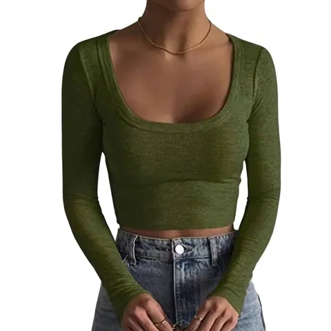 Women Ribbed Knit Long Sleeve Scoop Neck Crop Top Slim Fit Solid Color T-Shirt Casual Sexy Basic Soft Spring Apparel