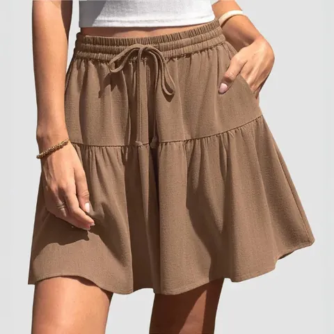Women Casual Linen Skirt Summer Solid Color Loose Tiered Ruffle Skirt High Waist Elastic Drawstring Skirt With Pockets