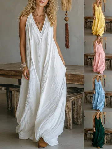 Women Sleeveless Deep V Neck Maxi Dress With Pockets Loose Fit Casual Solid Color Long Tank Dress Streetwear