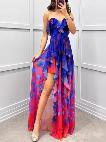 Women Sexy Strapless Mesh Maxi Dress Patchwork Ruffles Irregular Hem High Slit Abstract Print Party Evening Dress