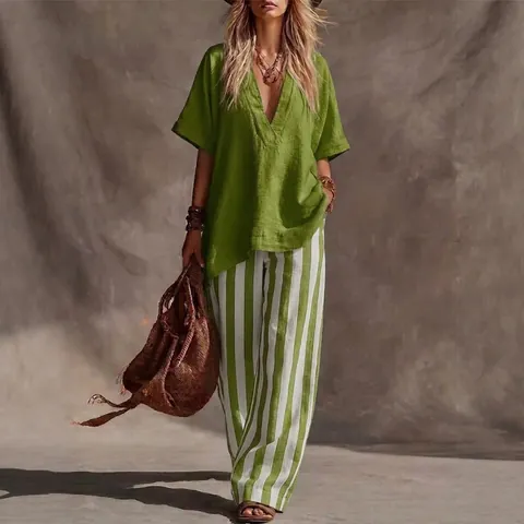 Women Casual V-Neck Loose Top And Striped Wide Leg Pants Top And Bottom Outfit Bohemian Polyester Clothes