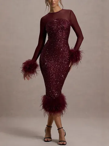 Women's Sexy Sequin Feather Long Sleeve Party Dress Elegant Mesh Patchwork Bodycon Evening Gown For Banquet Night Out