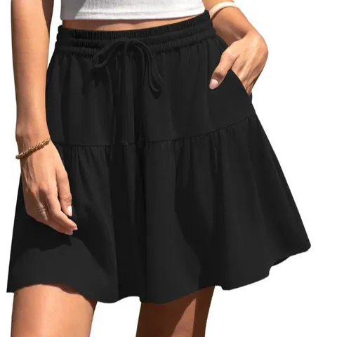 Women Casual Linen Skirt Summer Solid Color Loose Tiered Ruffle Skirt High Waist Elastic Drawstring Skirt With Pockets