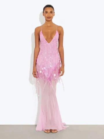 Women Sexy V Neck Sequin Fishtail Maxi Dress Backless Strappy Bodycon Evening Party Gown Formal Wedding Prom Dress