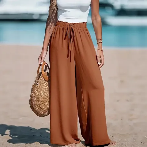 Women Wide Leg Pants High Waist Smocked Drawstring Lounge Trousers Casual Solid Color Loose Fit Polyester Beach Vacation Summer Bottoms
