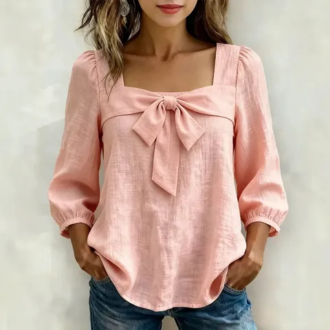 Women's Casual Square Neck Bow Knot Top Long Sleeve Polyester Splicing Solid Color Fashion T-Shirt For Women Jewelry