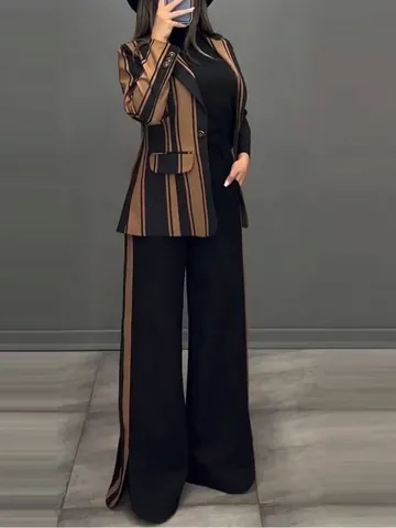 Elegant Striped Blazer Top And Bottom Set For Women Western Style Office Commute Lapel Notch Double Breasted Casual Suit Pants