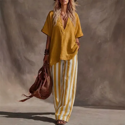 Women Casual V-Neck Loose Top And Striped Wide Leg Pants Top And Bottom Outfit Bohemian Polyester Clothes
