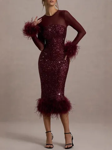 Women's Sexy Sequin Feather Long Sleeve Party Dress Elegant Mesh Patchwork Bodycon Evening Gown For Banquet Night Out