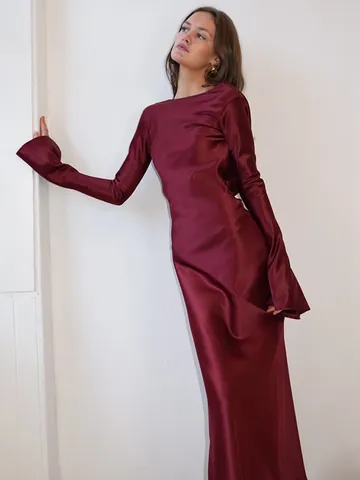 Elegant Satin Backless Maxi Dress Flare Sleeve High Slit Party Gown For Women Solid Color Slim Fit Round Neck Evening Dress