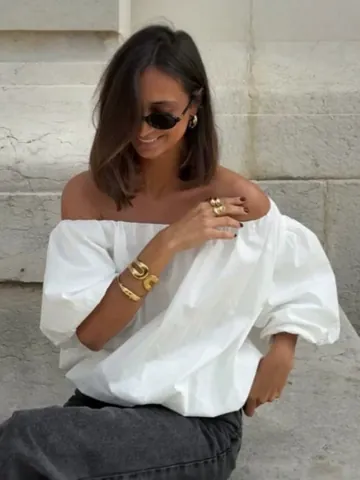 Dames Katoen Off Shoulder Pofmouw Top Casual Eenvoudig Losse Boothals Blouse Zomer Forens Effen Kleur Pullover Top