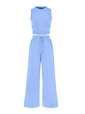 Women Knitted Sleeveless Round Neck Vest Top And Wide Leg Pants Solid Color Summer Ribbed Loungewear Stretchy Outfit