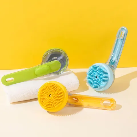 Pet Bath Brush With Soap Dispenser Long Handle Dog Cat Grooming Scrubber Plastic Silicone Bristles Massage Cleaning Tool