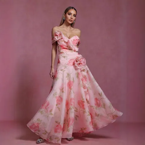 Women French Vintage One-Shoulder Dress Elegant Pink Rose Floral Printed Waist-Cinching 3D Flower Organza Maxi Dress