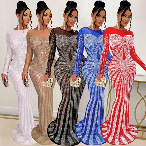 Sexy Rhinestone Mesh Mermaid Floor Length Evening Party Dress Long Sleeve Formal Bodycon Maxi Dress For Women Clubwear