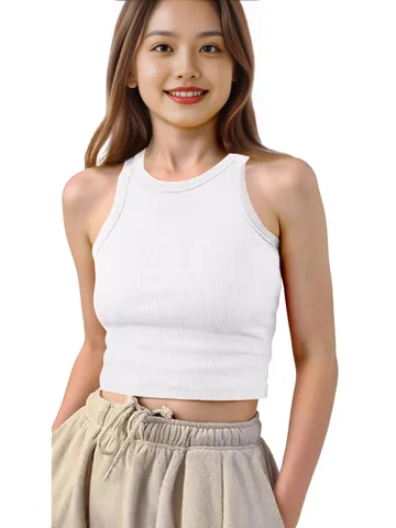 Kids Girls Ribbed Crop Tank Top Polyester Solid Color Sleeveless Round Neck Slim Fit Summer Casual Vest Top