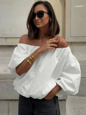 Dames Katoen Off Shoulder Pofmouw Top Casual Eenvoudig Losse Boothals Blouse Zomer Forens Effen Kleur Pullover Top