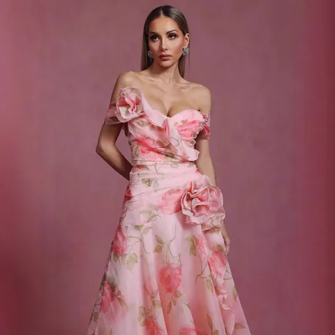 Women French Vintage One-Shoulder Dress Elegant Pink Rose Floral Printed Waist-Cinching 3D Flower Organza Maxi Dress