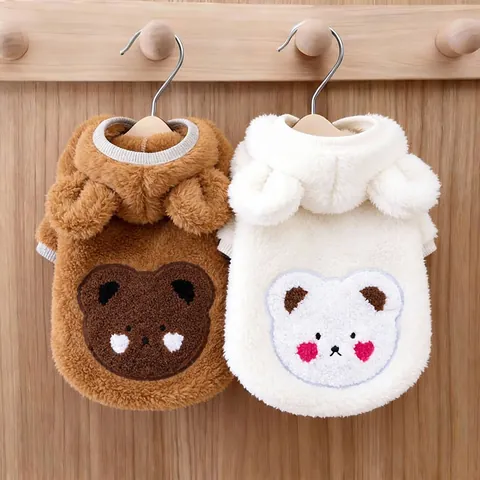Cute Bear Ears Pet Dog Hoodie Warm Fleece Puppy Sweatshirt For Small Dogs Cats Winter Clothes Bear Face Embroidery Top