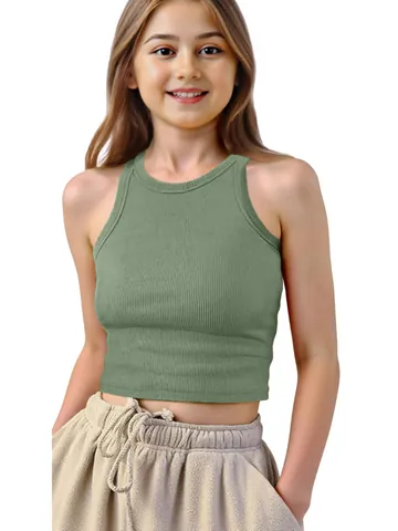 Kids Girls Ribbed Crop Tank Top Polyester Solid Color Sleeveless Round Neck Slim Fit Summer Casual Vest Top