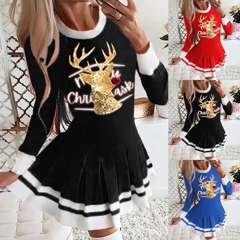 Women Christmas Reindeer Print Pleated Dress Round Neck Long Sleeve Casual Party Midi Dress Polyester Festival Attire