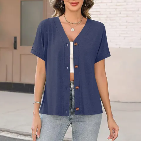Women V Neck T-Shirt Short Sleeve Casual Loose Solid Color Colored Cotton Top With Button Detail Fashion Summer Clothing
