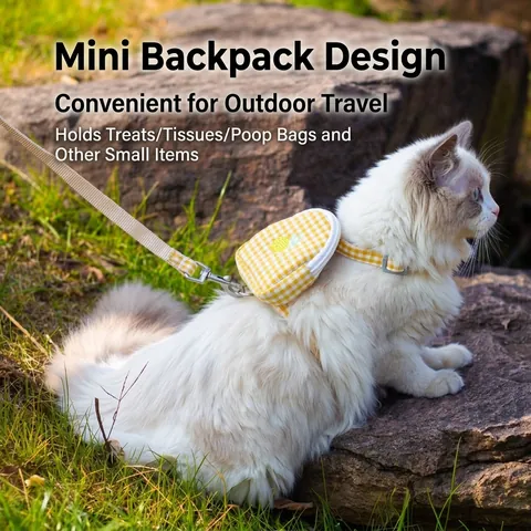 Katzen Geschirr Und Leinen Set Mit Mini Rucksack Gingham Karo Frucht Stickerei Verstellbares Ausbruchsicheres Katzen Laufgeschirr