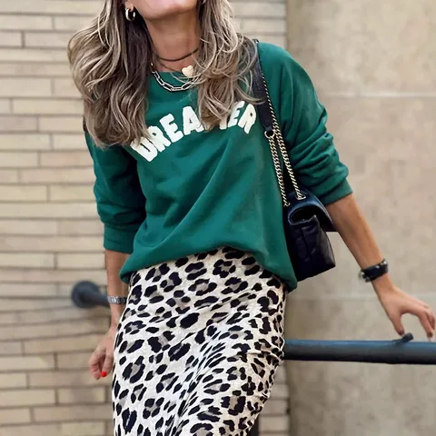 Felpa da Donna Vintage American Retro Vestibilità Rilassata Girocollo Manica Lunga Ricamato Lettere Poliestere Verde