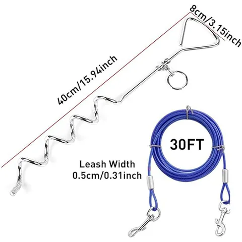Outdoor Dog Stake and Tie-Out Cable Set Heavy Duty Metal Spiral Ground Anchor with Double Swivel Steel Leash for Yard Camping