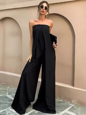 Eleganter Trägerloser Off-Shoulder Jumpsuit Damen Einfarbig Weites Bein Polyester Einteiler Hose Party Alltag Outfit