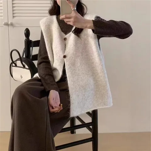 Gilet in Maglia Senza Maniche Retro da Donna Scollo a V Bottoni Cardigan Vestibilità Larga per Primavera Autunno Layering Quotidiano