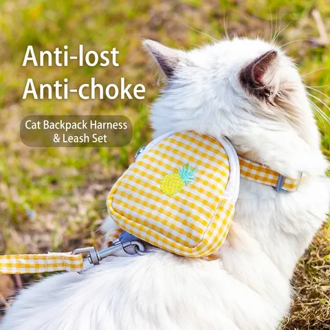 Katzen Geschirr Und Leinen Set Mit Mini Rucksack Gingham Karo Frucht Stickerei Verstellbares Ausbruchsicheres Katzen Laufgeschirr