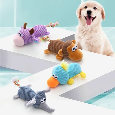 Corduroy Squeaky Dog Toy Durable Animal Shape Plush Chew Toy with Rope Tail for Teething Interactive Play Pet Supplies