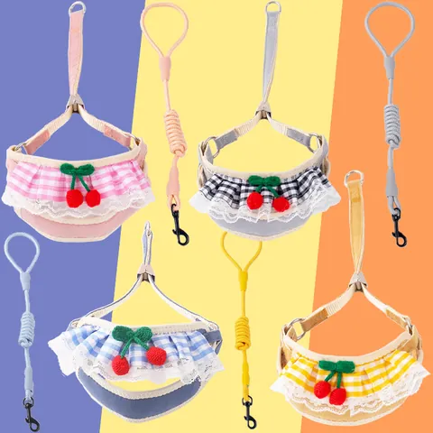 Cute Plaid Pet Harness And Leash Set For Small Dogs Cats Sweet Lace Cherry Pattern Adjustable Breathable Walking Mesh Vest Harness