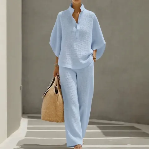 Women Casual Waffle Knit Two Piece Set Solid Color Button Shirt Top And Wide Leg Pants Loose Lounge Wear Suit