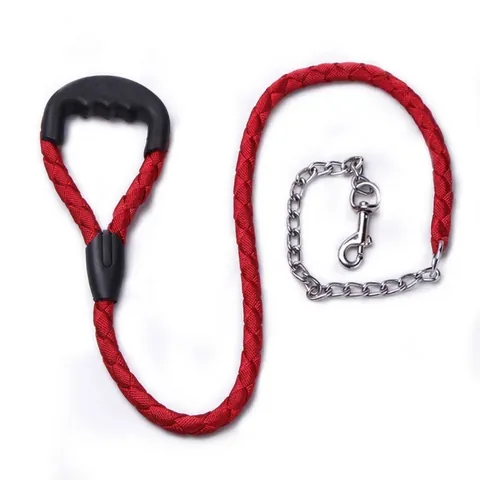 Durable Heavy Duty Pet Dog Leash Anti-Bite Metal Chain Leash With Ergonomic Rubber Handle Braided Nylon Lead For Large Dogs