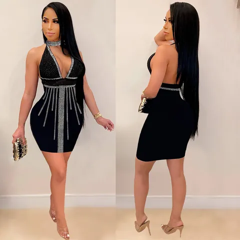 Damen Sexy Halter-Ausschnitt Bodycon Minikleid Ärmellos Strass Durchsichtig Clubwear Party Kleid