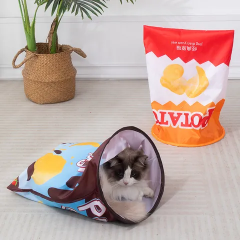 Foldable Crinkle Paper Cat Tunnel Pet Toy Creative Potato Chip Bag Design Interactive Hideout For Indoor Cats Boredom Relief
