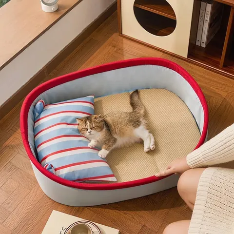 Panier de Refroidissement d'Été pour Chats Petits Chiens Tissu Oxford Natte en Rotin Nid Avec Oreiller Panier pour Animaux Respirant Lavable