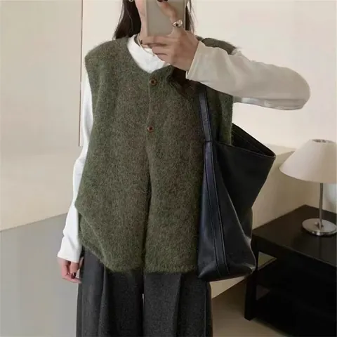 Gilet in Maglia Senza Maniche Retro da Donna Scollo a V Bottoni Cardigan Vestibilità Larga per Primavera Autunno Layering Quotidiano