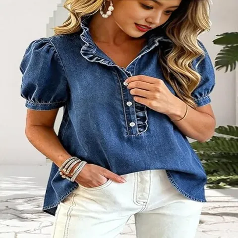Women Y2K Retro Denim Shirt Ruffle Trim Puff Sleeve Lapel Collar Short Sleeve Button Up Summer Casual Denim Top Blouse