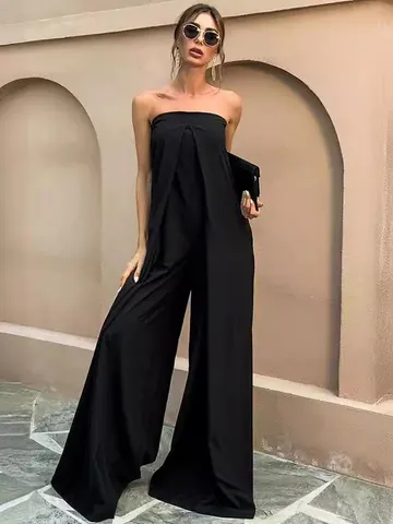 Eleganter Trägerloser Off-Shoulder Jumpsuit Damen Einfarbig Weites Bein Polyester Einteiler Hose Party Alltag Outfit