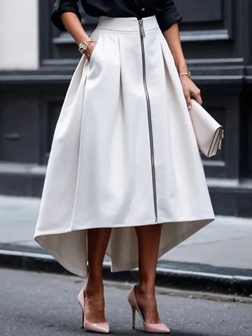 Women Solid Color Irregular High-Low Hem Skirt Front Zipper High Waist A-Line Skirt With Pockets Fashion Office Midi Skirt