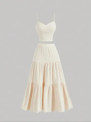 Mujer Verano Casual Color Sólido Camiseta Acanalada Y Falda Maxi En Capas Conjunto De Dos Piezas Elegante