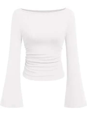 Dames Slanke Pasvorm Geribbelde Rayon Boothals T-Shirt Amerikaanse Hottie Uitlopende Mouw Geplooide Casual Top