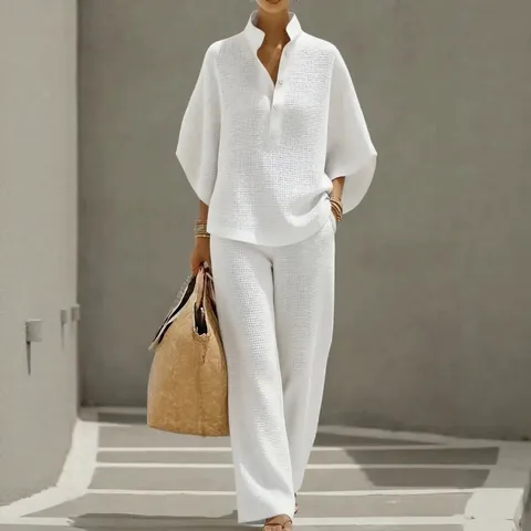 Women Casual Waffle Knit Two Piece Set Solid Color Button Shirt Top And Wide Leg Pants Loose Lounge Wear Suit