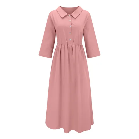 Women Casual Cotton Linen Solid Color Maxi Dress Short Sleeve Button Front Pleated Loose Fit Boho Beach Party Dress
